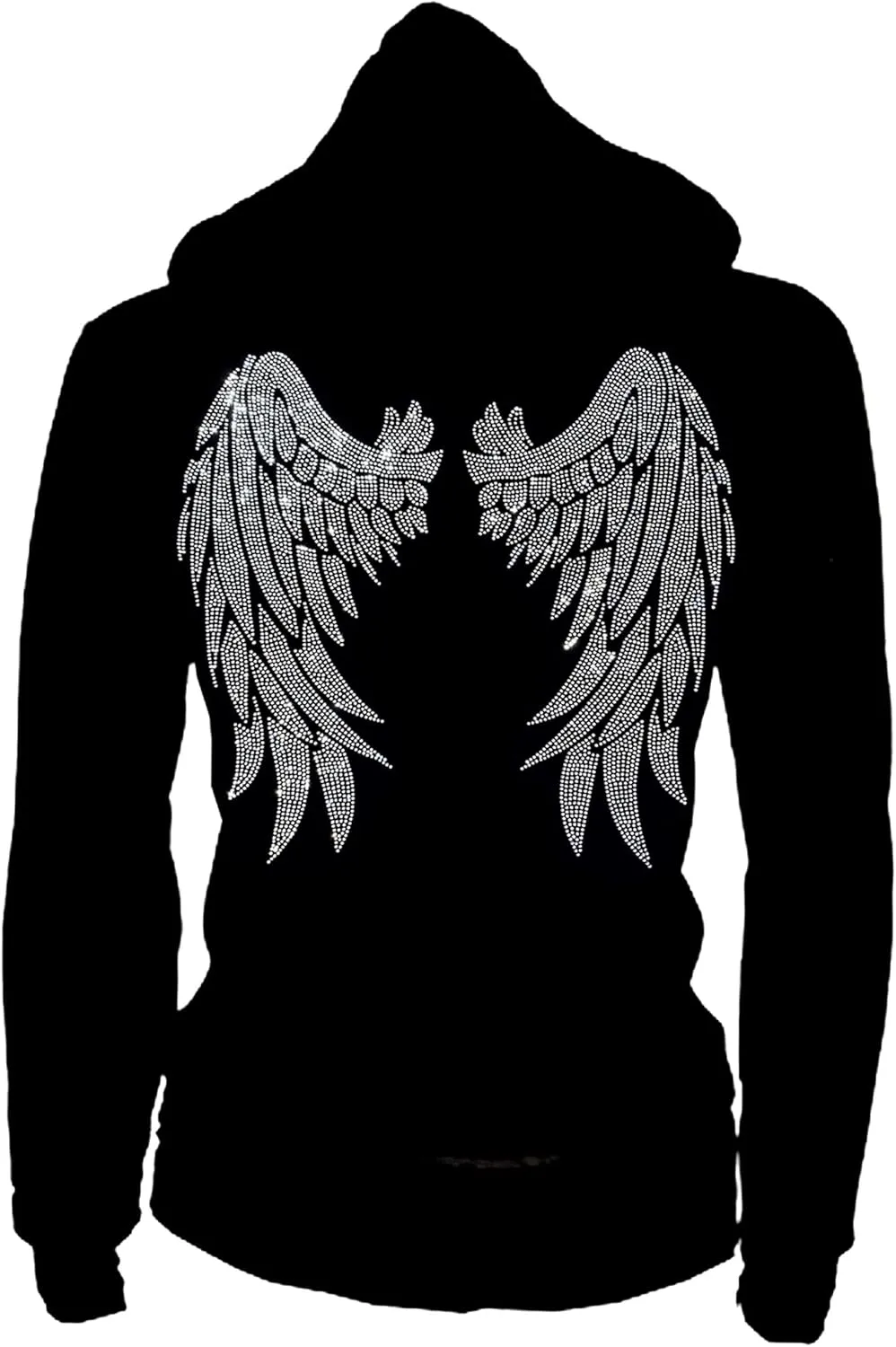 Women's Zip Up Hoodie with Rhinestone Angel Wings and Pockets, Black, S-4XL, EVENT, CONCERT, PARTY