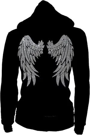 Women's Zip Up Hoodie with Rhinestone Angel Wings and Pockets, Black, S-4XL, EVENT, CONCERT, PARTY