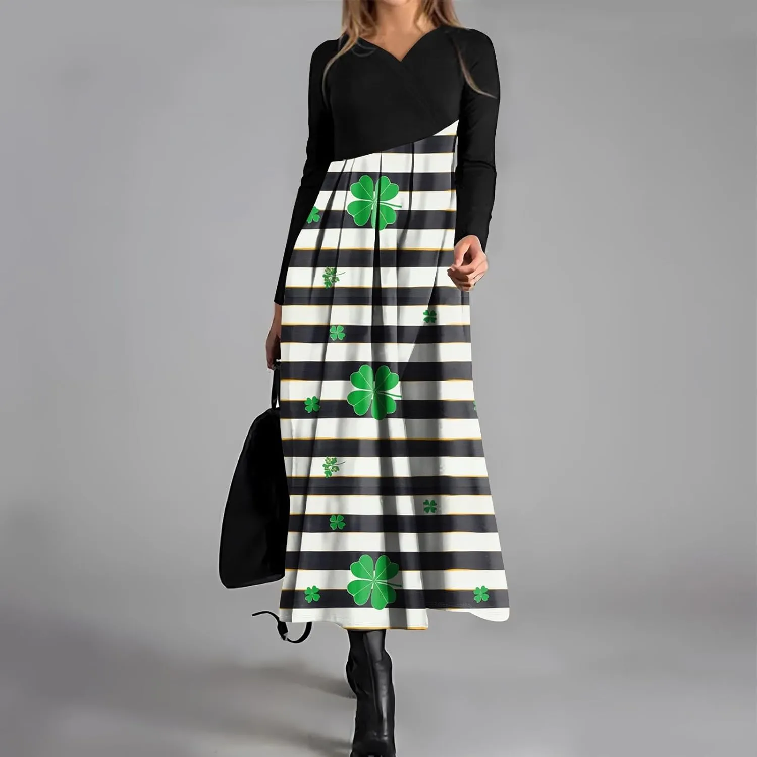 Women'sFashionable V Neck Long Sleeved Floral Print Waist Pocket Casual Large Swing Dress St Patricks Day