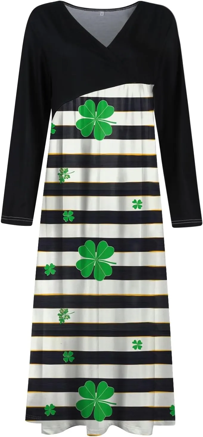 Women'sFashionable V Neck Long Sleeved Floral Print Waist Pocket Casual Large Swing Dress St Patricks Day