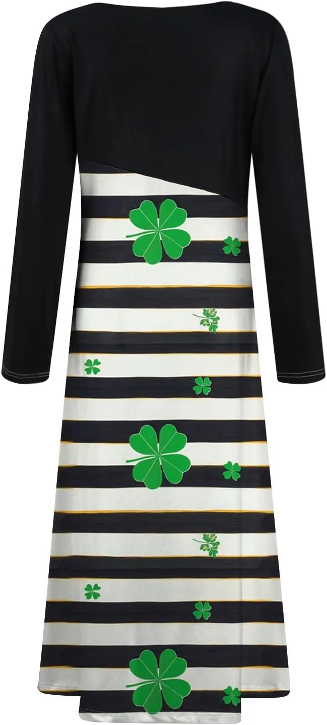 Women'sFashionable V Neck Long Sleeved Floral Print Waist Pocket Casual Large Swing Dress St Patricks Day