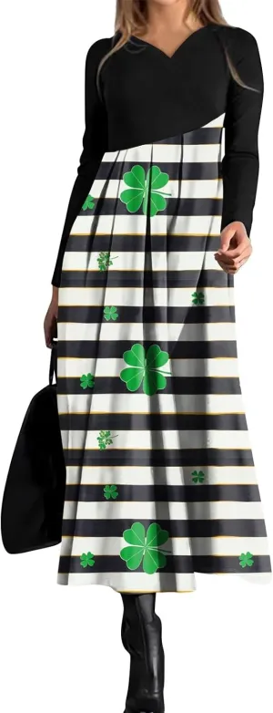 Women'sFashionable V Neck Long Sleeved Floral Print Waist Pocket Casual Large Swing Dress St Patricks Day