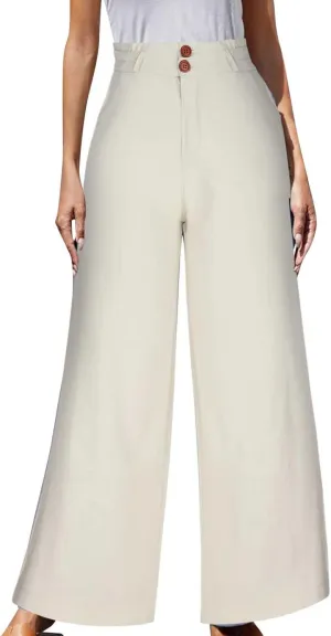 Work Pants for Women 2024 Trendy Vintage Button High Waist Wide Leg Casual Loose Fits Business Trousers with Pockets