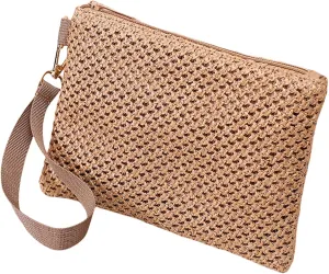 Woven Straw Handbag for Women Casual Beach Vacation Small Envelope Bag with Wristlet Zippered Wallet Purse