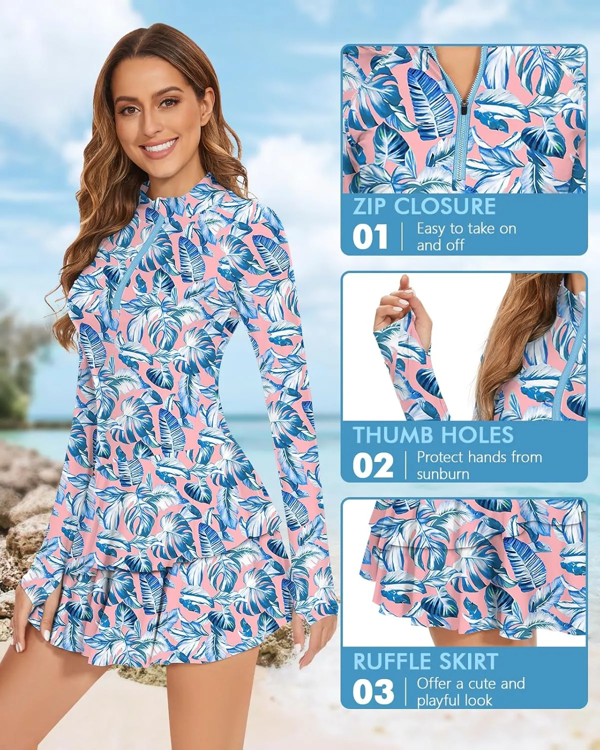 WOWENY 2 Piece Long Sleeve Rash Guard Set Long Sleeve Swimsuit with Built-in Bra Zip Front Swim Shirt Dress with Shorts