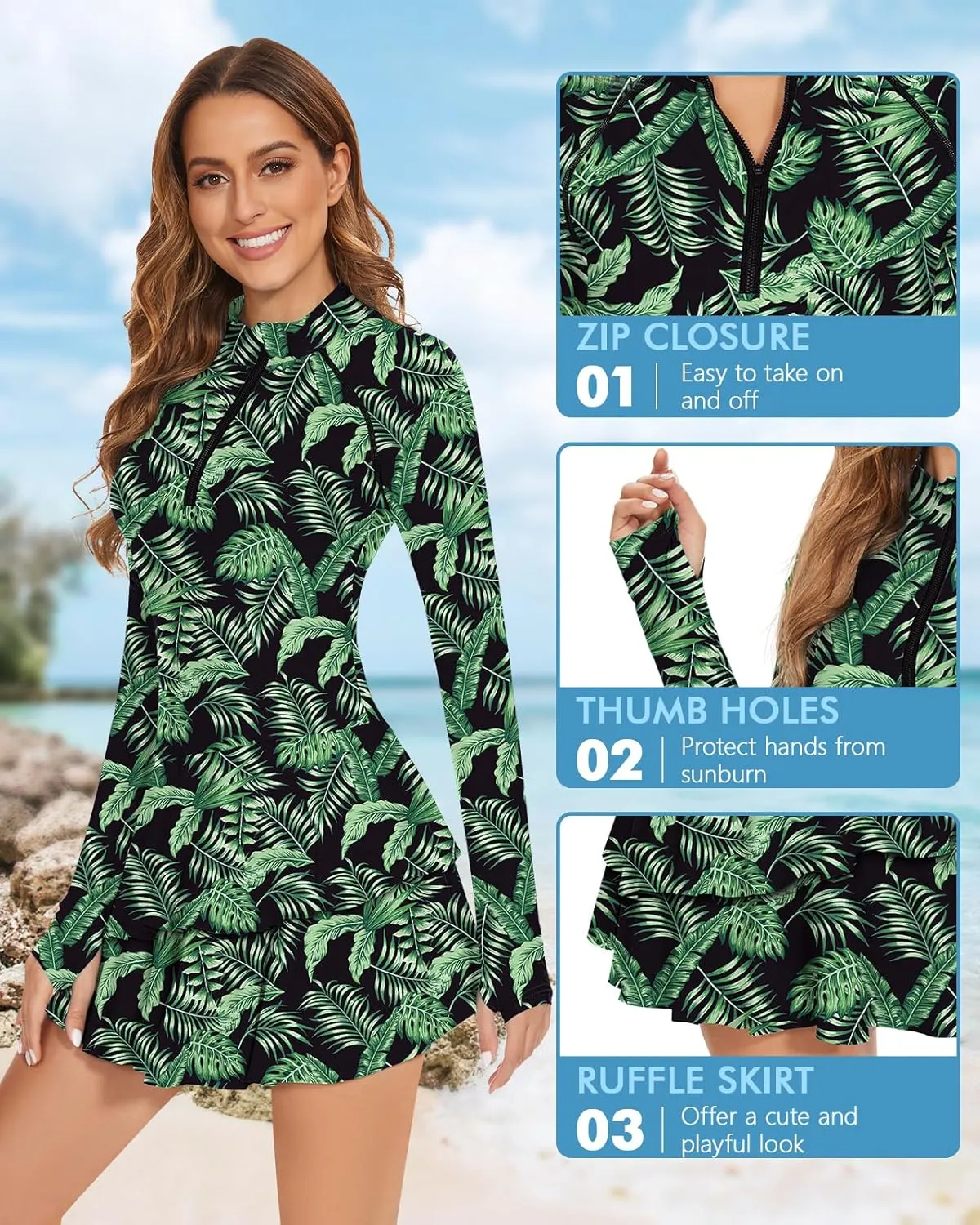 WOWENY 2 Piece Long Sleeve Rash Guard Set Long Sleeve Swimsuit with Built-in Bra Zip Front Swim Shirt Dress with Shorts