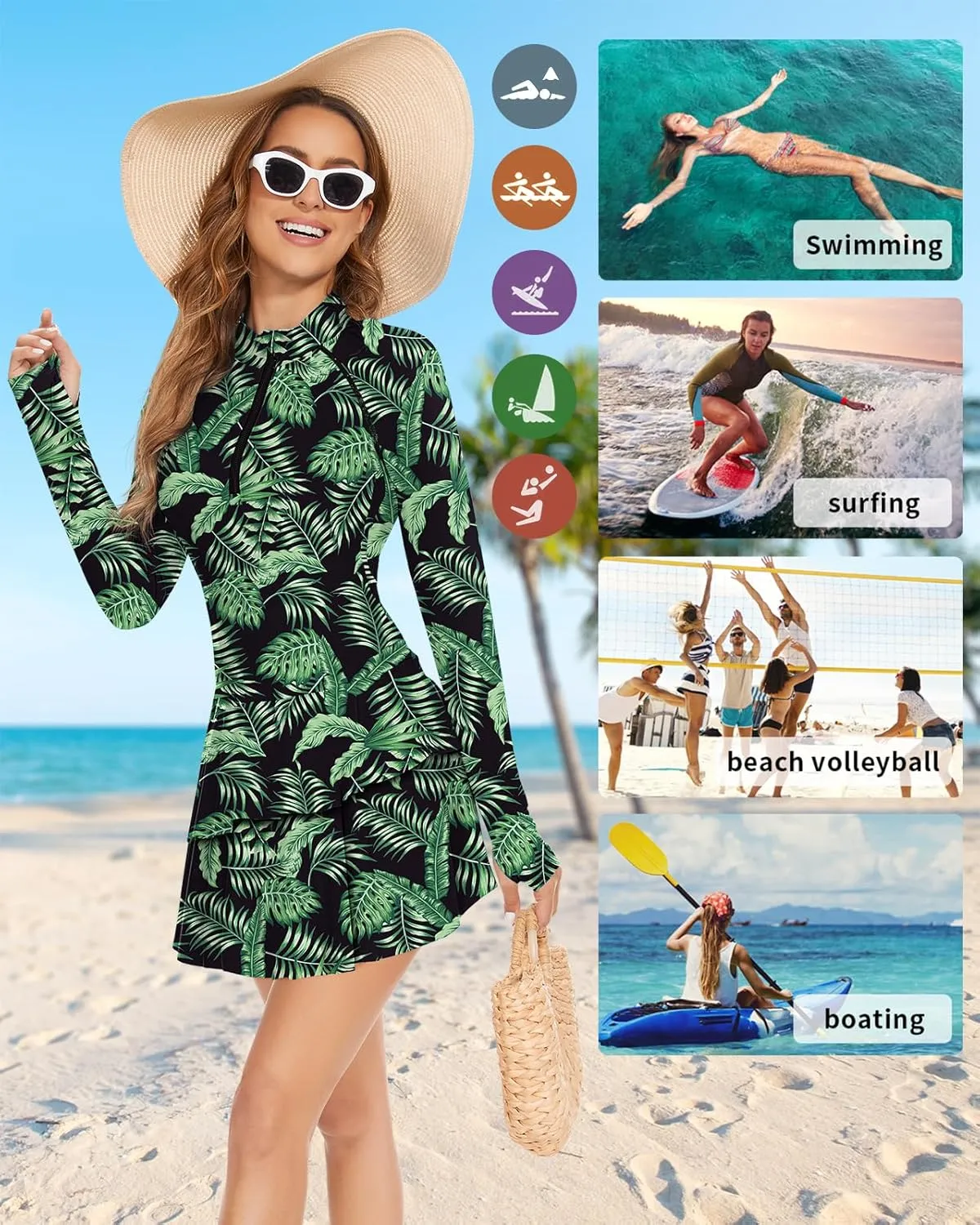 WOWENY 2 Piece Long Sleeve Rash Guard Set Long Sleeve Swimsuit with Built-in Bra Zip Front Swim Shirt Dress with Shorts