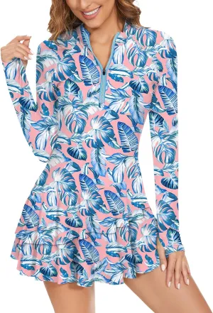 WOWENY 2 Piece Long Sleeve Rash Guard Set Long Sleeve Swimsuit with Built-in Bra Zip Front Swim Shirt Dress with Shorts