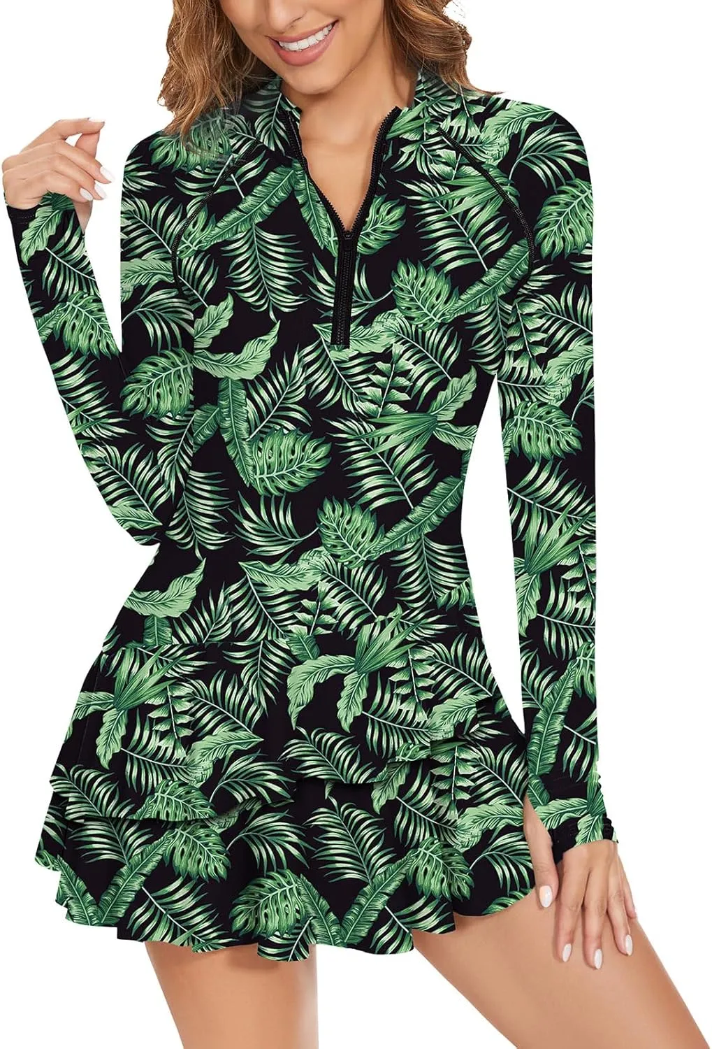 WOWENY 2 Piece Long Sleeve Rash Guard Set Long Sleeve Swimsuit with Built-in Bra Zip Front Swim Shirt Dress with Shorts