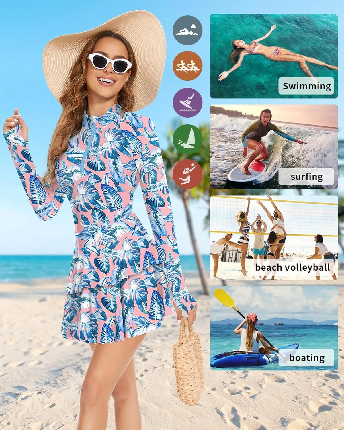 WOWENY 2 Piece Long Sleeve Rash Guard Set Long Sleeve Swimsuit with Built-in Bra Zip Front Swim Shirt Dress with Shorts