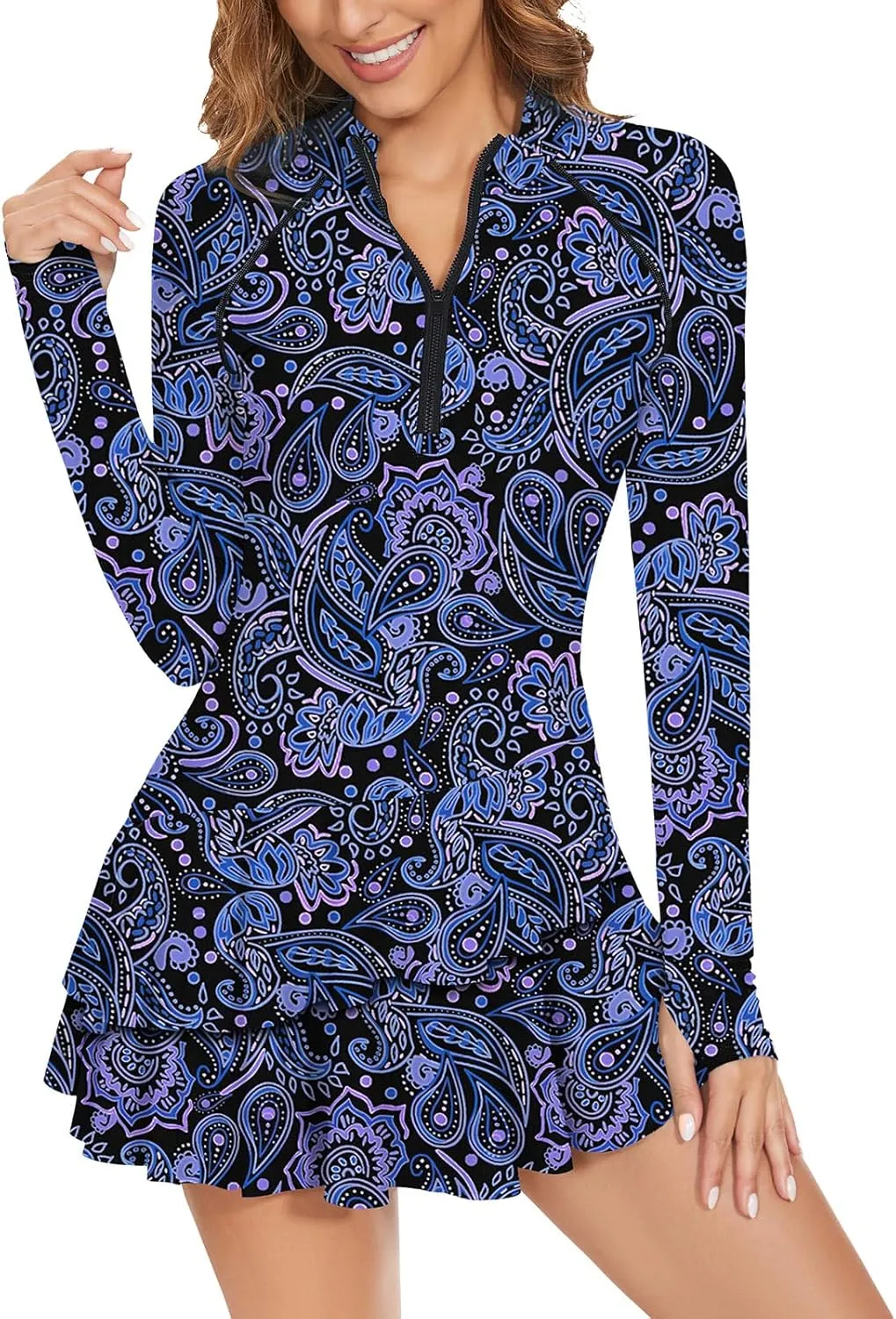 WOWENY 2 Piece Long Sleeve Rash Guard Set Long Sleeve Swimsuit with Built-in Bra Zip Front Swim Shirt Dress with Shorts