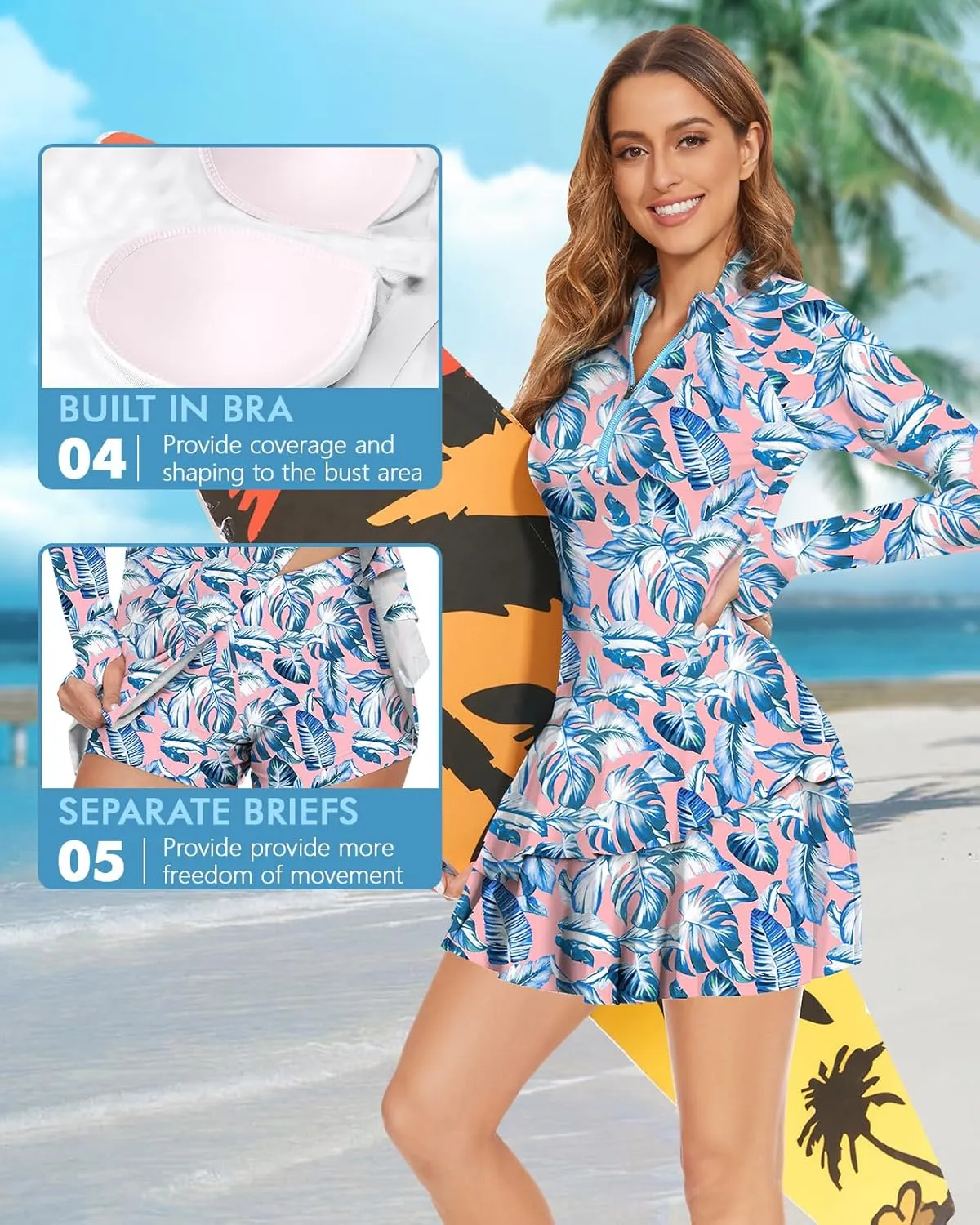WOWENY 2 Piece Long Sleeve Rash Guard Set Long Sleeve Swimsuit with Built-in Bra Zip Front Swim Shirt Dress with Shorts