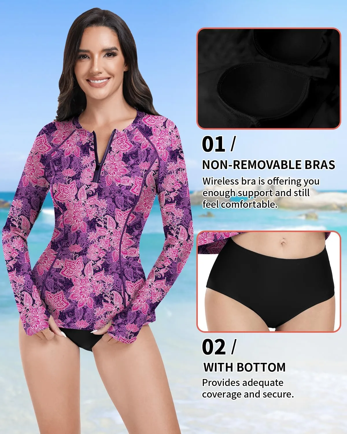 WOWENY 2 Piece Rash Guard Long Sleeve Swimsuits UPF 50  Sun Protection Swim Shirt Set Bathing Suit with Bottom