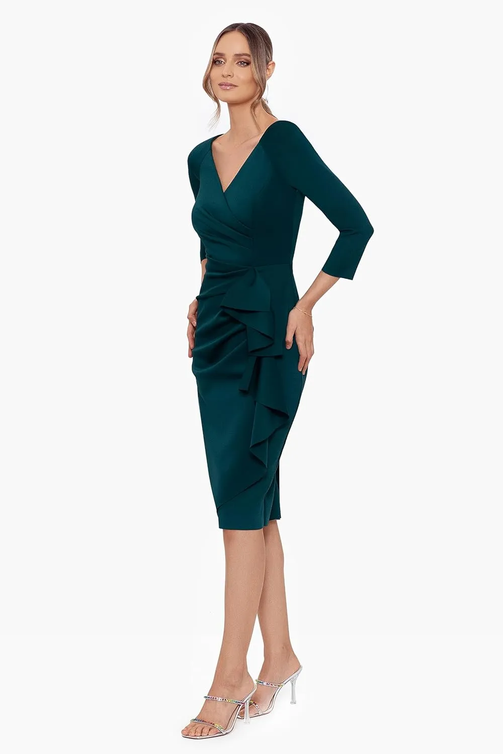 Xscape Women's 3/4 Sleeve V-Neck Side Ruched Midi Dress (Reg and Petite)