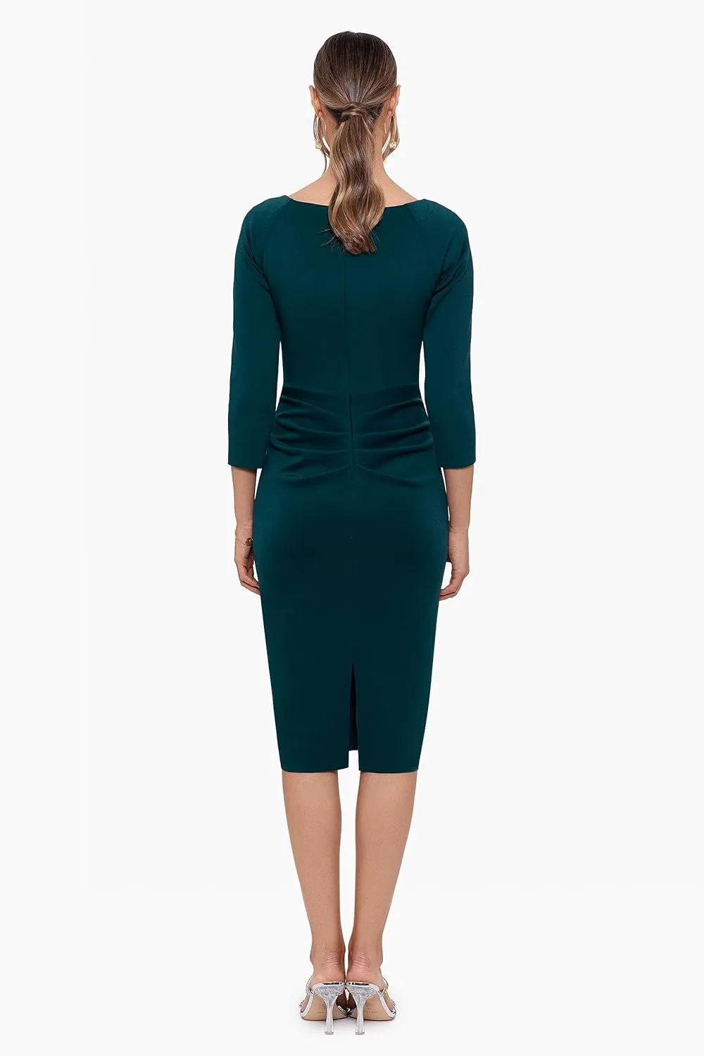 Xscape Women's 3/4 Sleeve V-Neck Side Ruched Midi Dress (Reg and Petite)