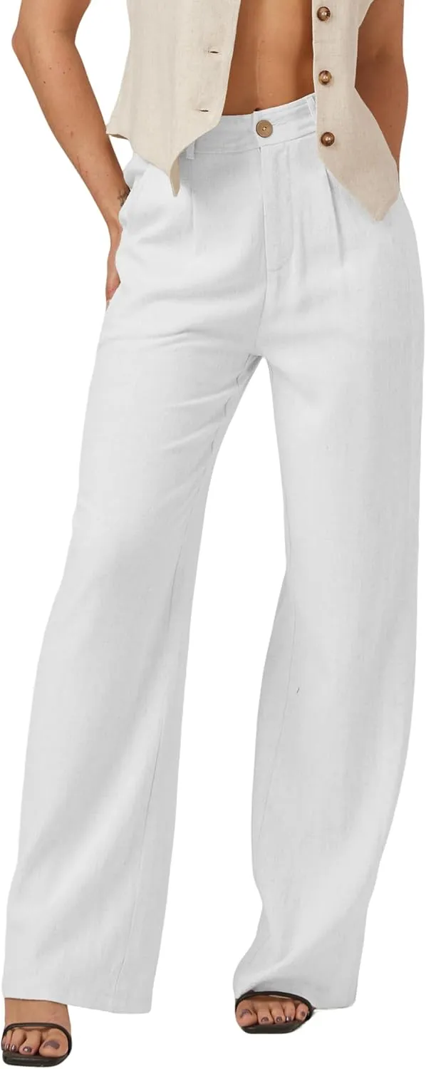 Yehopere Women's Linen Pants Summer Dressy Boho Wide Leg Flowy Straight Leg Trouser Beach Travel Vacation Outfits
