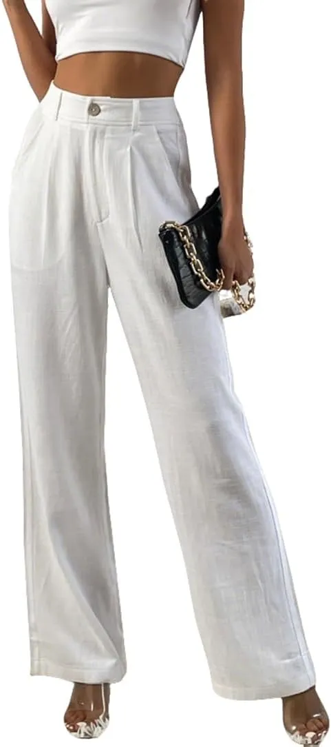 Yehopere Women's Linen Pants Summer Dressy Boho Wide Leg Flowy Straight Leg Trouser Beach Travel Vacation Outfits