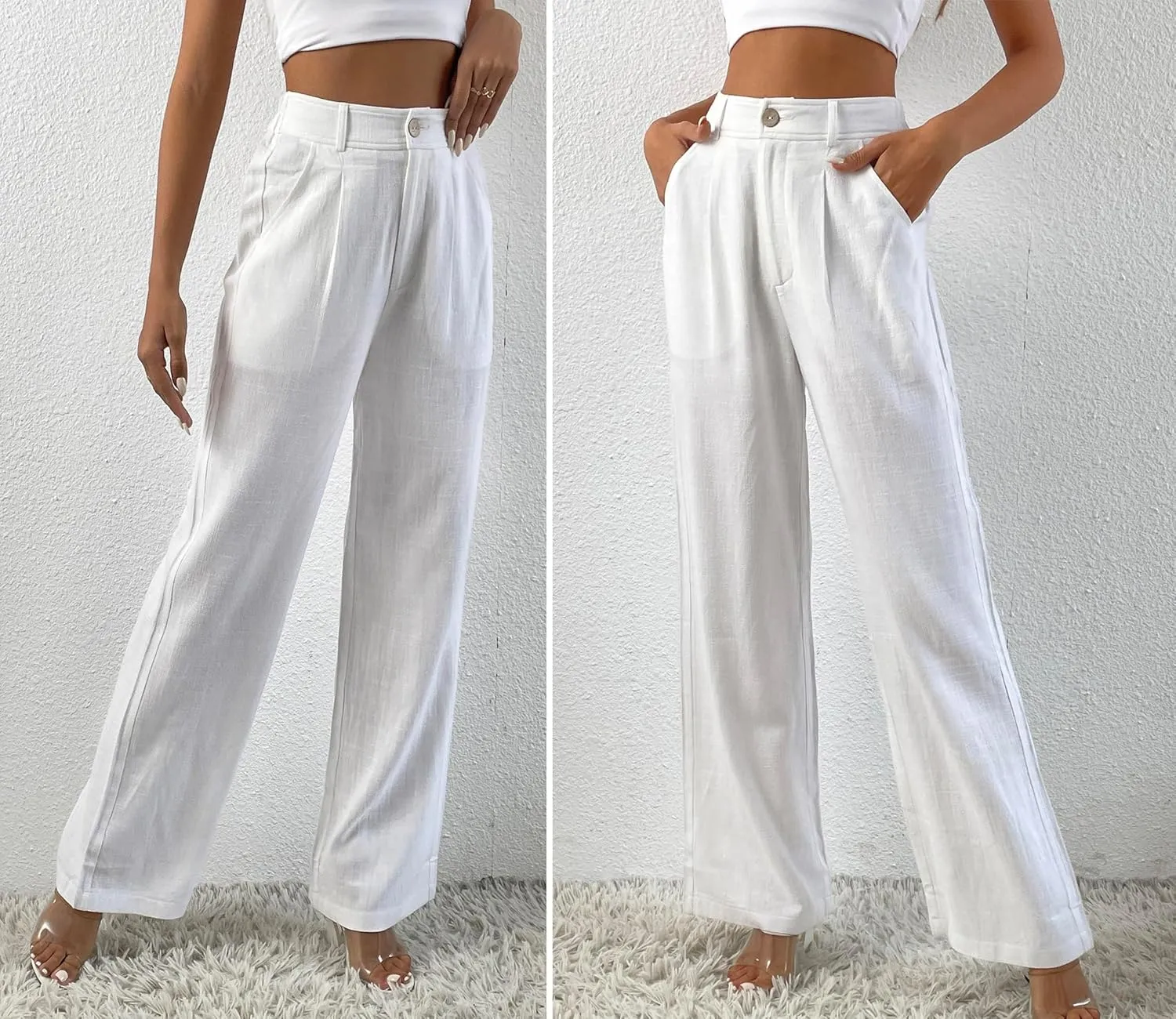 Yehopere Women's Linen Pants Summer Dressy Boho Wide Leg Flowy Straight Leg Trouser Beach Travel Vacation Outfits