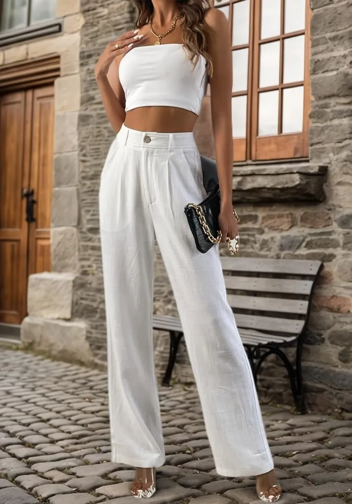 Yehopere Women's Linen Pants Summer Dressy Boho Wide Leg Flowy Straight Leg Trouser Beach Travel Vacation Outfits