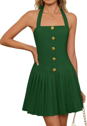 ZESICA Womens Summer Sleeveless Mini Dress 2025 Halter Neck Backless A Line Swing Pleated Short Party Dresses