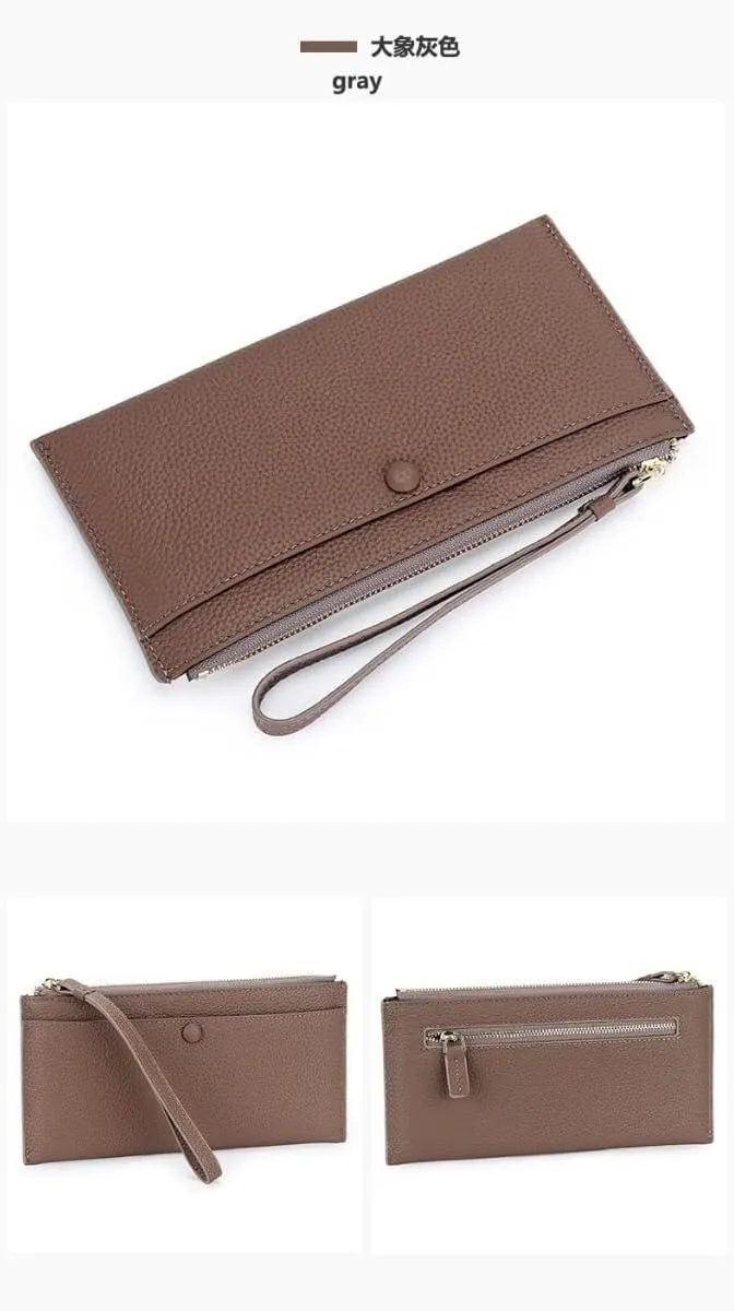 Zipper Wristlet Slim Strap Purse Credit Card Slots Mobile Phone Men Genuine Leather Wallet for Women