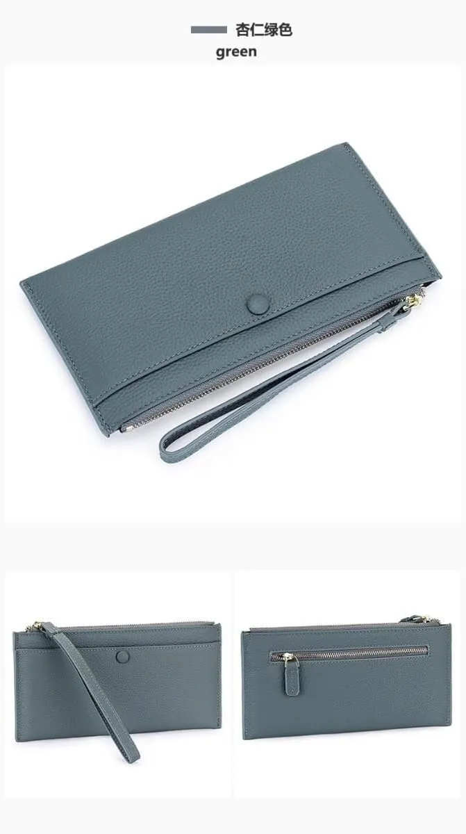 Zipper Wristlet Slim Strap Purse Credit Card Slots Mobile Phone Men Genuine Leather Wallet for Women