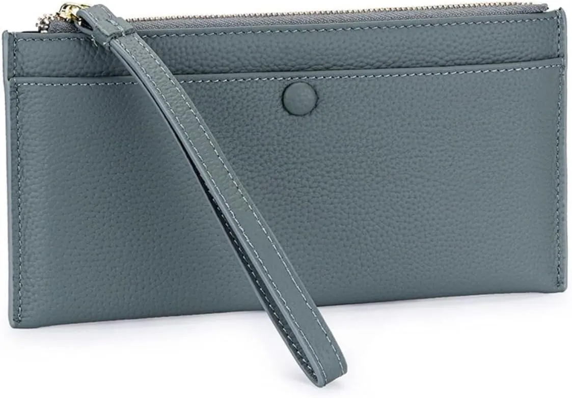 Zipper Wristlet Slim Strap Purse Credit Card Slots Mobile Phone Men Genuine Leather Wallet for Women