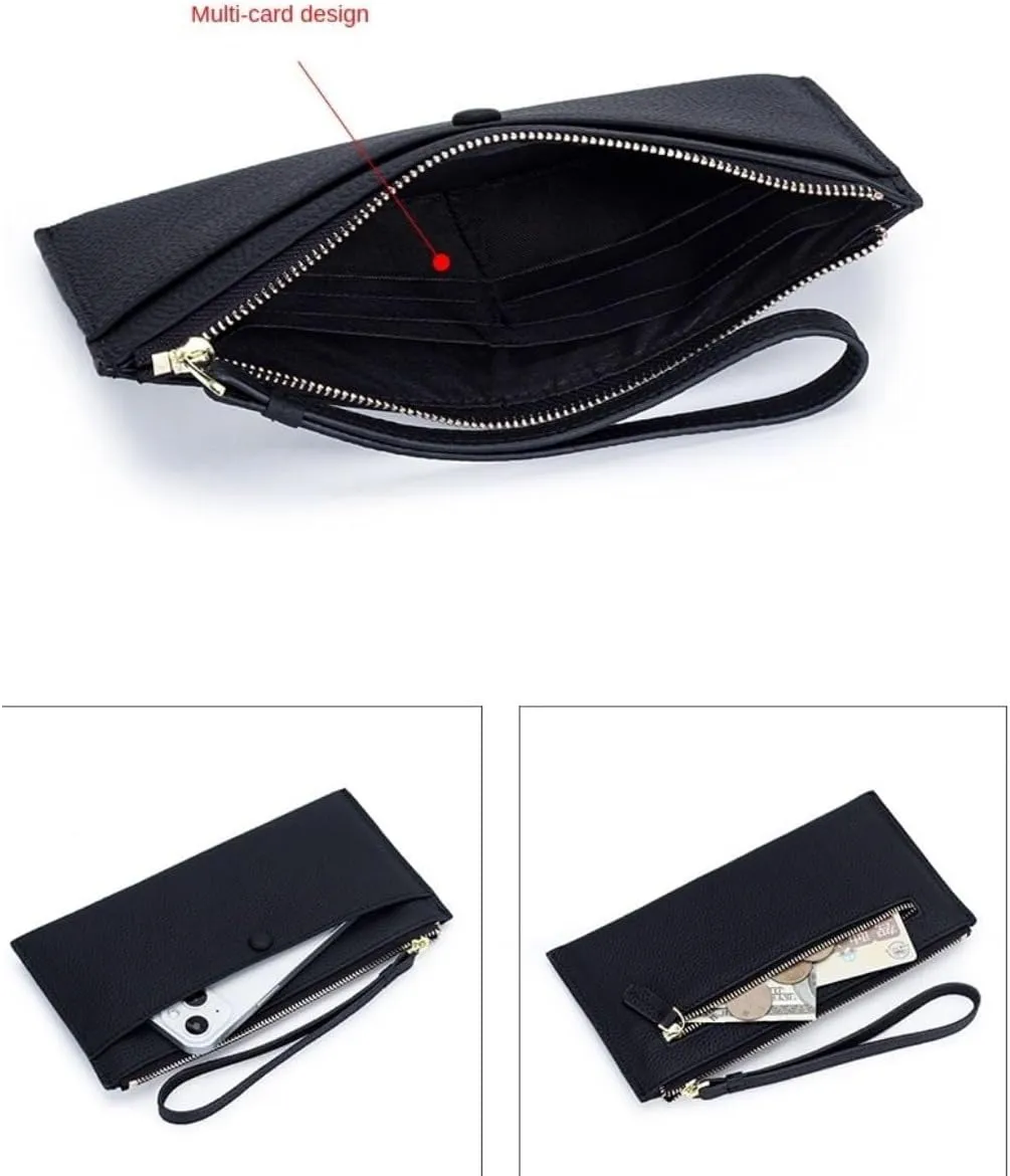 Zipper Wristlet Slim Strap Purse Credit Card Slots Mobile Phone Men Genuine Leather Wallet for Women