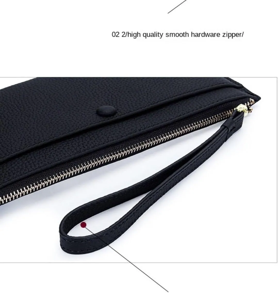 Zipper Wristlet Slim Strap Purse Credit Card Slots Mobile Phone Men Genuine Leather Wallet for Women
