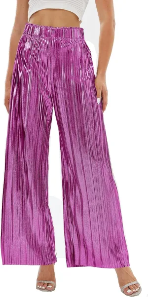 zsangbee Women's Metallic Sparkle Wide Leg Sequin Shiny Pants Party Club Casual Silver Gold Pants