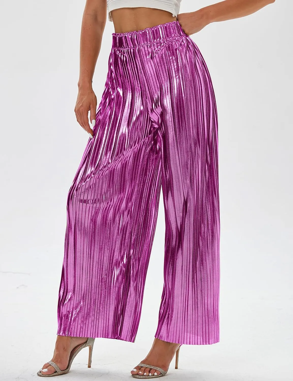 zsangbee Women's Metallic Sparkle Wide Leg Sequin Shiny Pants Party Club Casual Silver Gold Pants