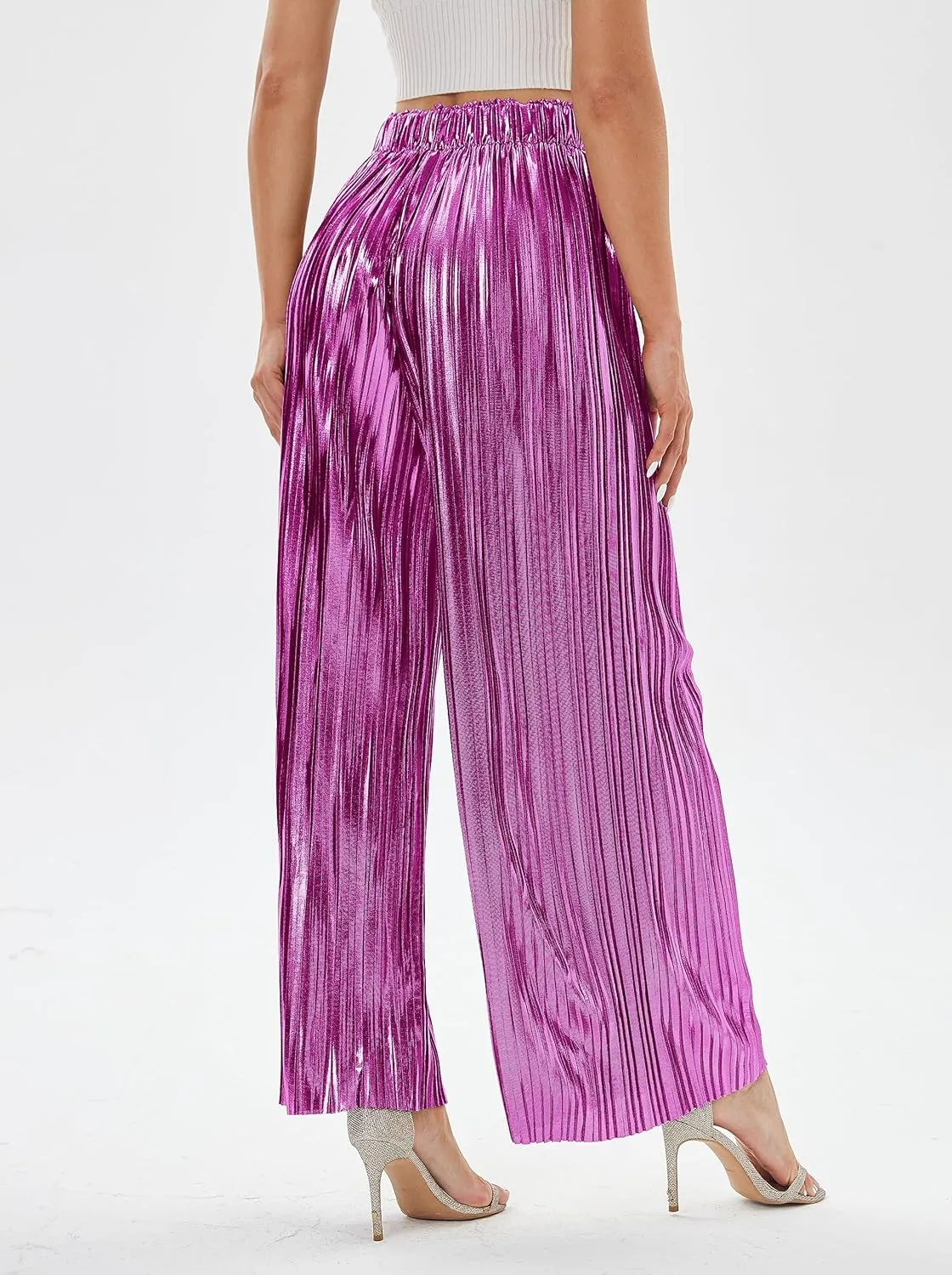 zsangbee Women's Metallic Sparkle Wide Leg Sequin Shiny Pants Party Club Casual Silver Gold Pants